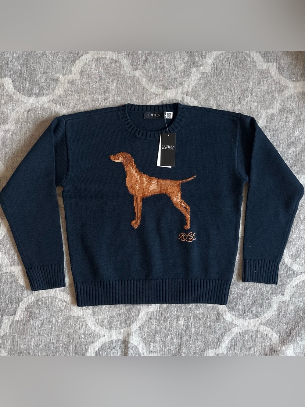 NWT Ralph Lauren Vizsla Dog Intarsia Knit Cotton Navy Sweater